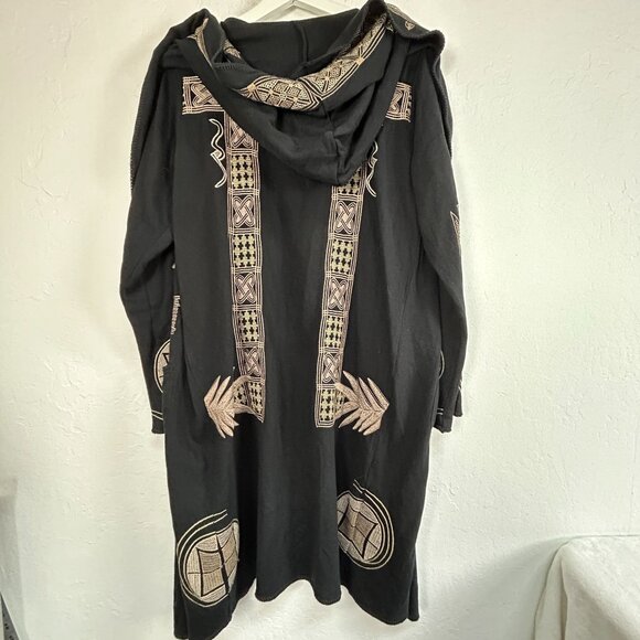 Biya Johnny Was Womens Black Tan Embroidered Hooded Kimono Cardigan Medium Boho - Picture 2 of 10